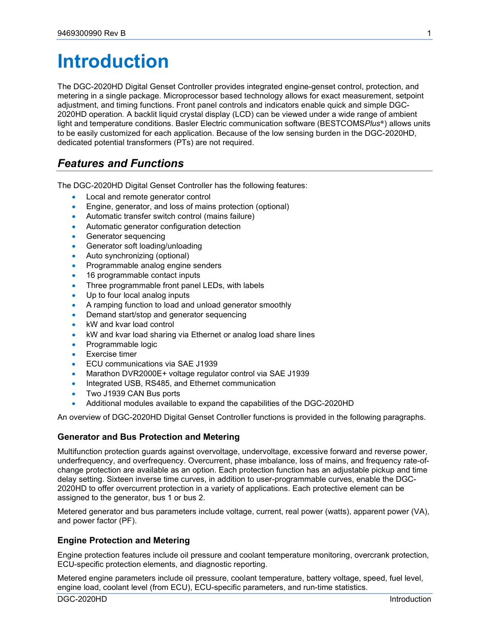 Introduction, Features and functions, Generator and bus protection and metering | Engine protection and metering | Basler Electric DGC-2020HD User Manual | Page 11 / 404