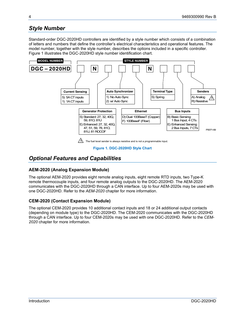 Style number, Optional features and capabilities, Aem-2020 (analog expansion module) | Cem-2020 (contact expansion module), Dgc – 2020hd | Basler Electric DGC-2020HD User Manual | Page 14 / 404