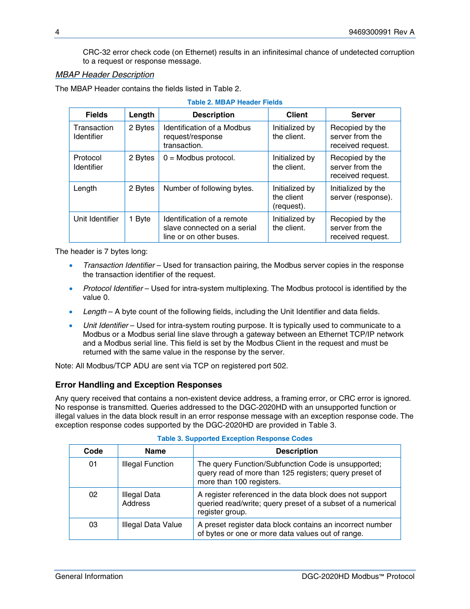 Error handling and exception responses | Basler Electric DGC-2020HD Modbus Protocol User Manual | Page 10 / 318