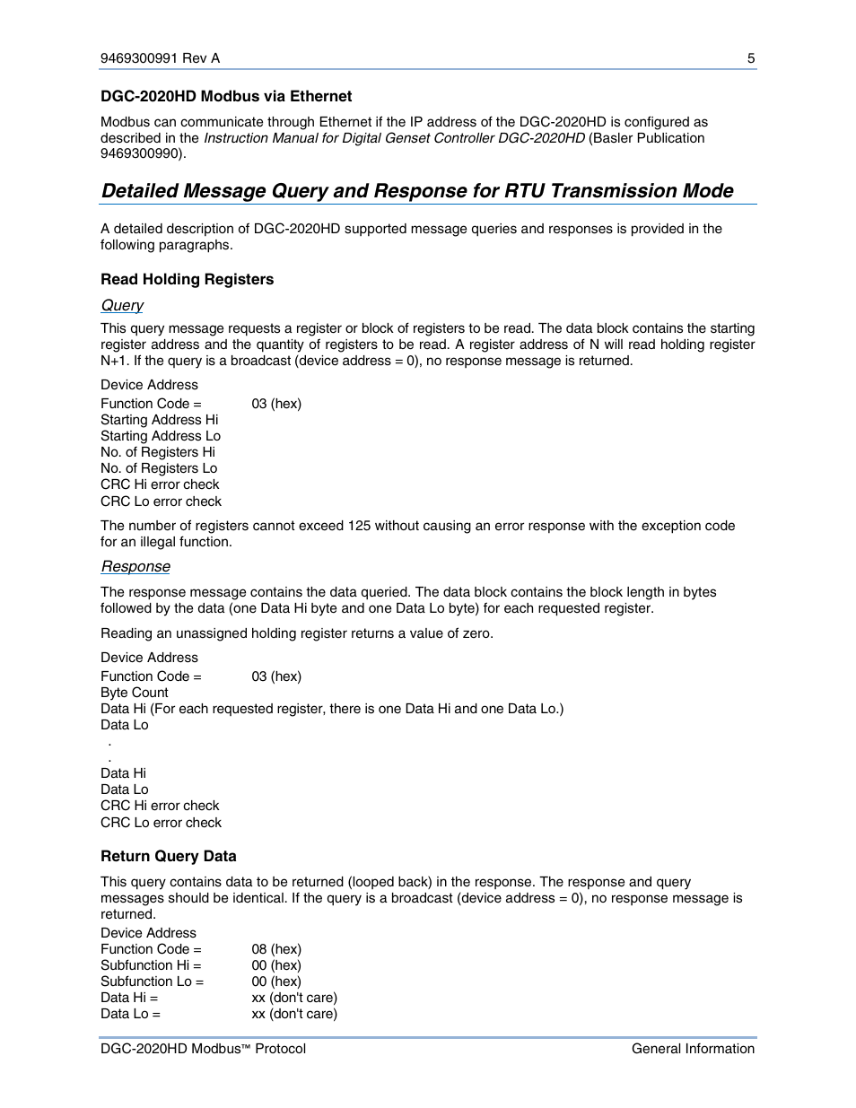 Dgc-2020hd modbus via ethernet, Read holding registers, Return query data | Dgc-2020hd modbus, Via ethernet | Basler Electric DGC-2020HD Modbus Protocol User Manual | Page 11 / 318