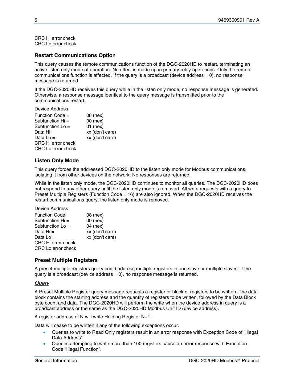 Restart communications option, Listen only mode, Preset multiple registers | Basler Electric DGC-2020HD Modbus Protocol User Manual | Page 12 / 318