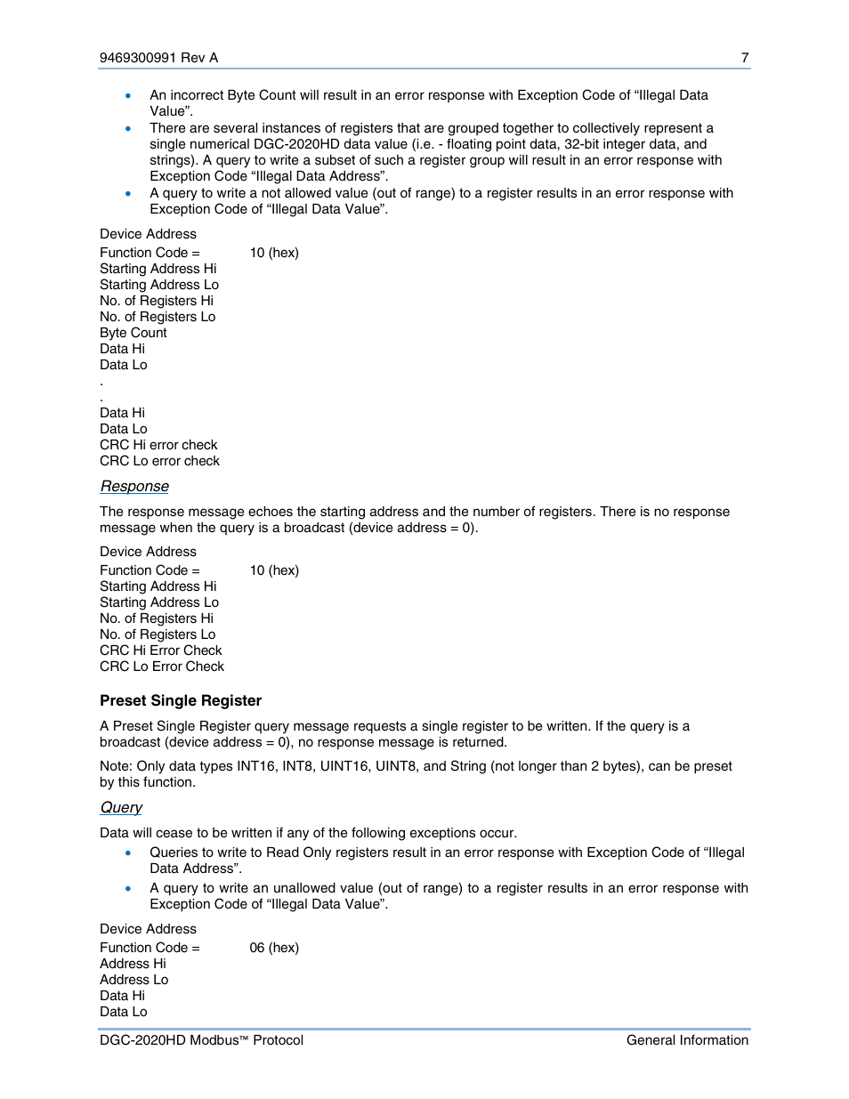 Preset single register | Basler Electric DGC-2020HD Modbus Protocol User Manual | Page 13 / 318