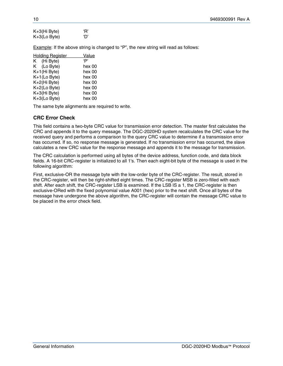 Crc error check | Basler Electric DGC-2020HD Modbus Protocol User Manual | Page 16 / 318