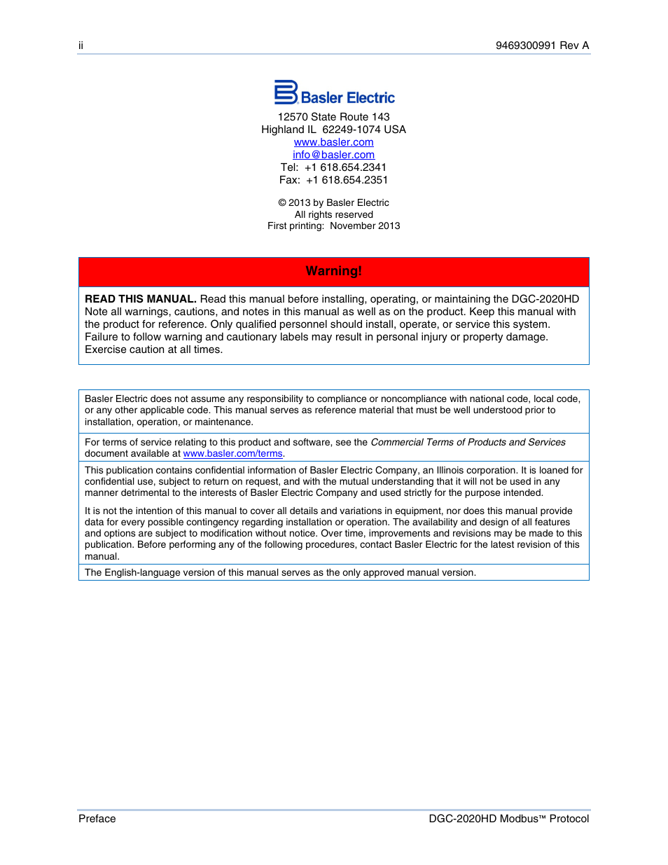 Basler Electric DGC-2020HD Modbus Protocol User Manual | Page 4 / 318