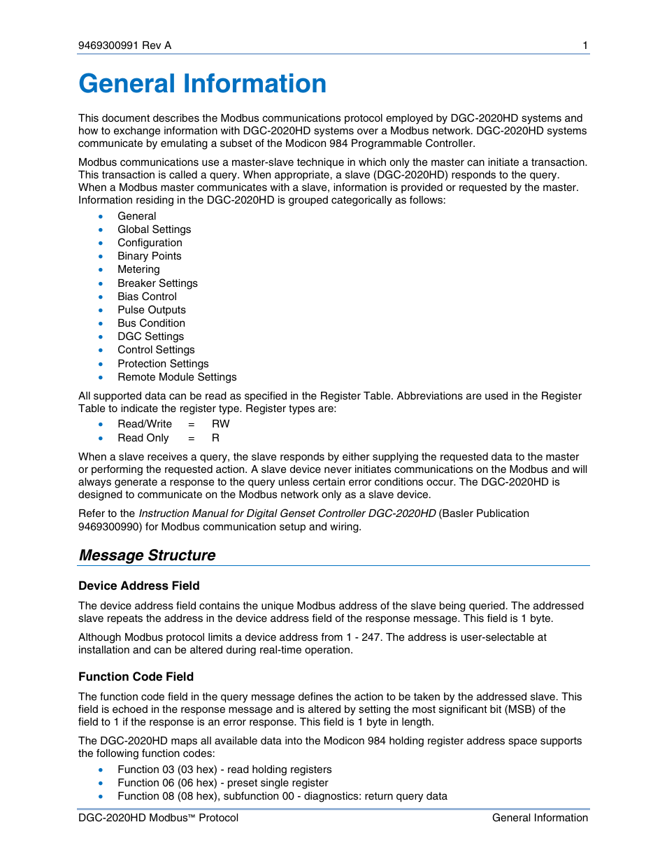 General information, Message structure, Device address field | Function code field | Basler Electric DGC-2020HD Modbus Protocol User Manual | Page 7 / 318