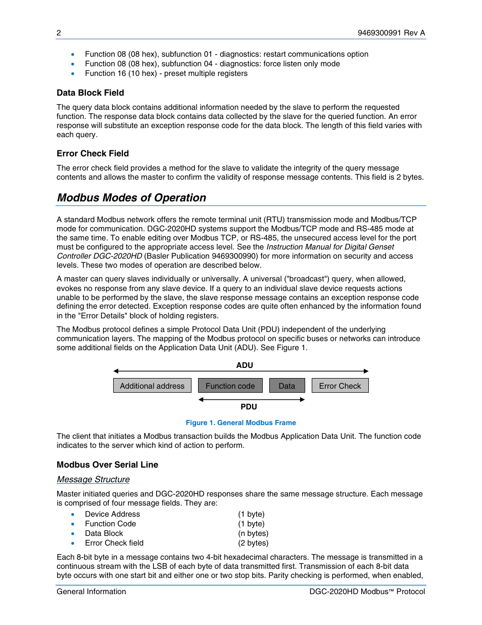 Data block field, Error check field, Modbus modes of operation | Modbus over serial line | Basler Electric DGC-2020HD Modbus Protocol User Manual | Page 8 / 318