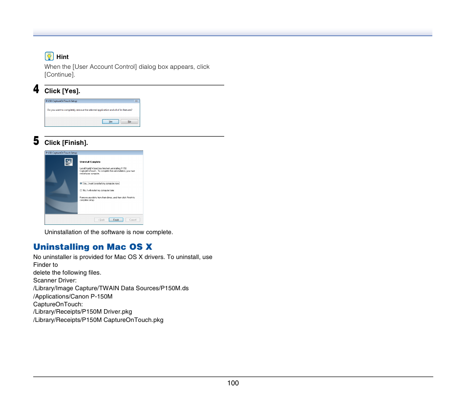 Uninstalling on mac os x | Canon P-150M User Manual | Page 100 / 105