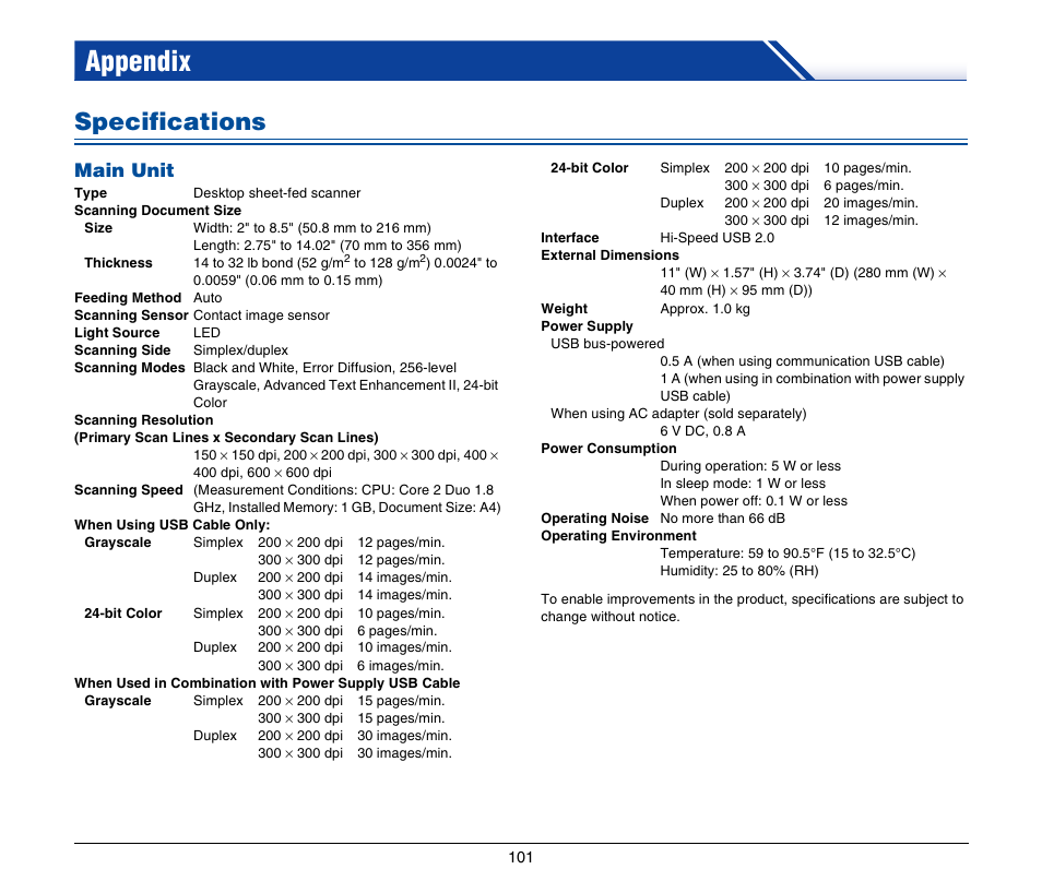 Appendix, Specifications, Main unit | Canon P-150M User Manual | Page 101 / 105