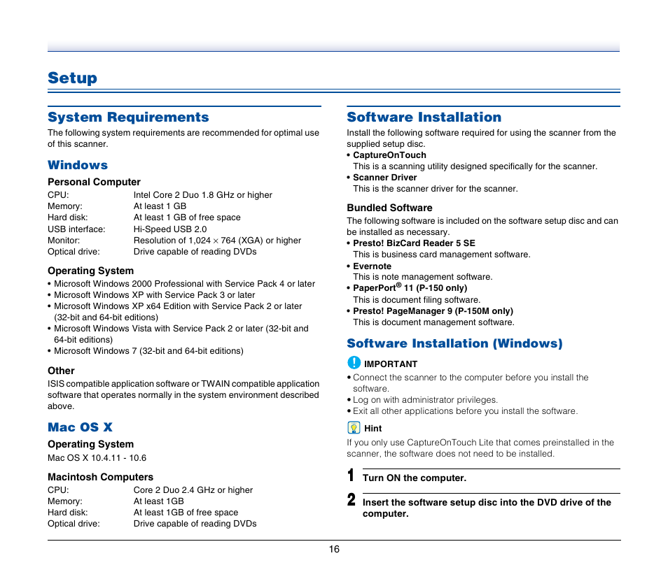 Setup, System requirements, Windows | Mac os x, Software installation, Software installation (windows), System requirements software installation | Canon P-150M User Manual | Page 16 / 105