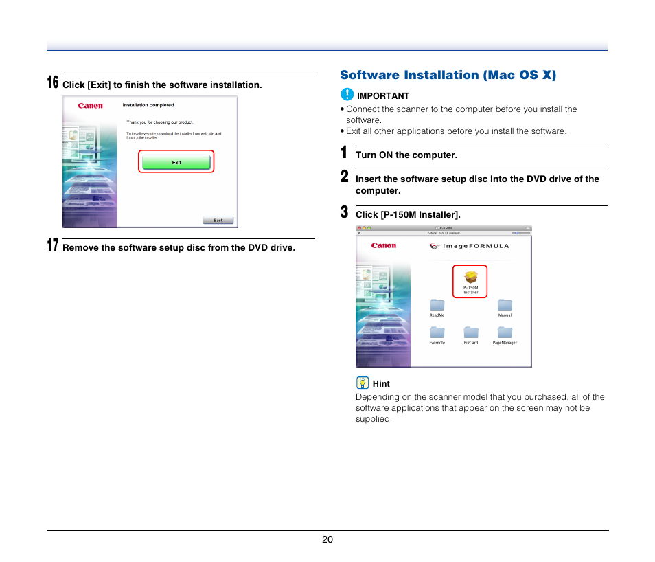 Software installation (mac os x) | Canon P-150M User Manual | Page 20 / 105