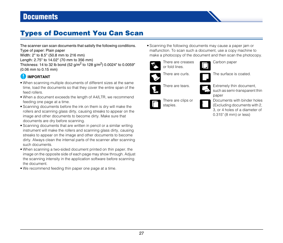 Documents, Types of document you can scan | Canon P-150M User Manual | Page 27 / 105