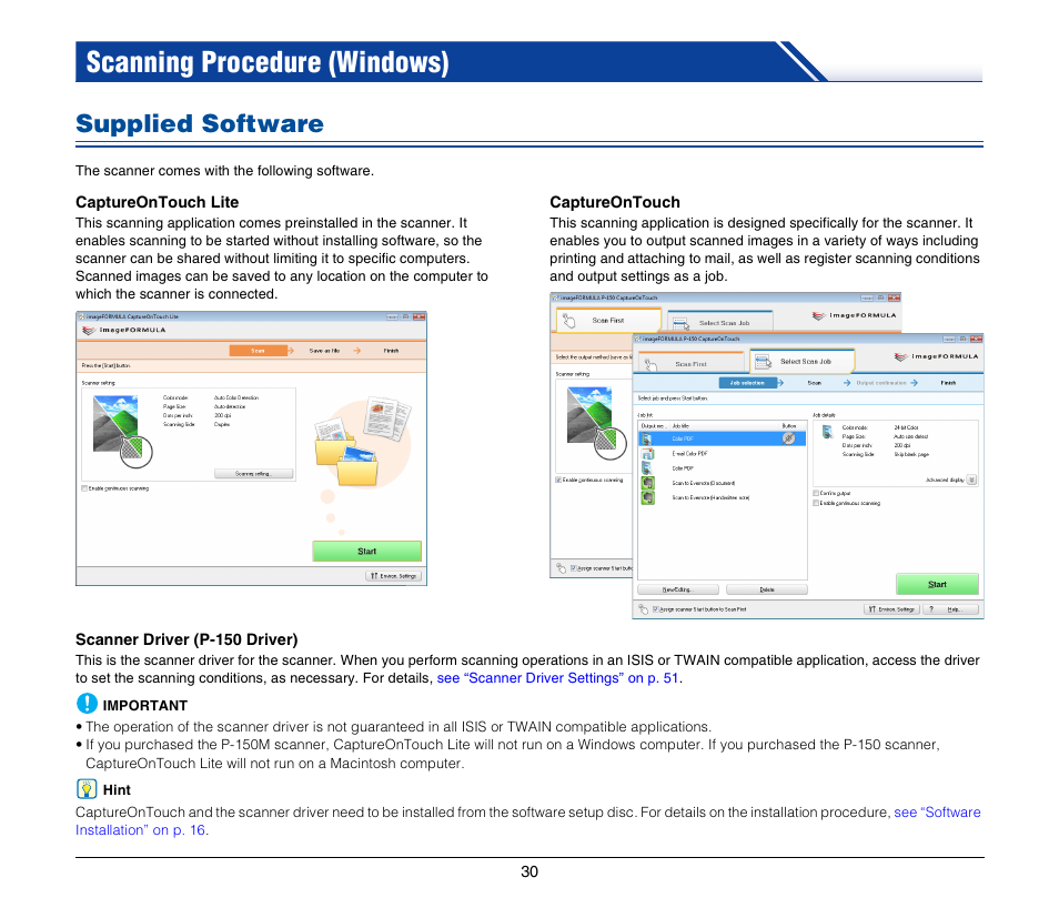 Scanning procedure (windows), Supplied software | Canon P-150M User Manual | Page 30 / 105