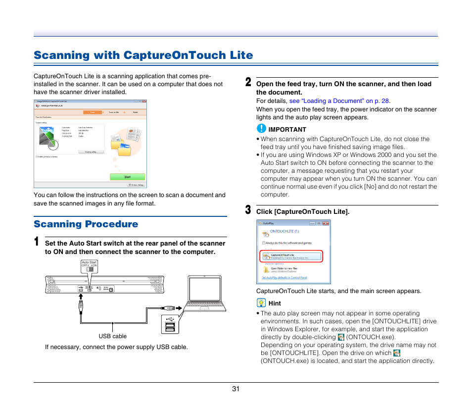 Scanning with captureontouch lite, Scanning procedure | Canon P-150M User Manual | Page 31 / 105