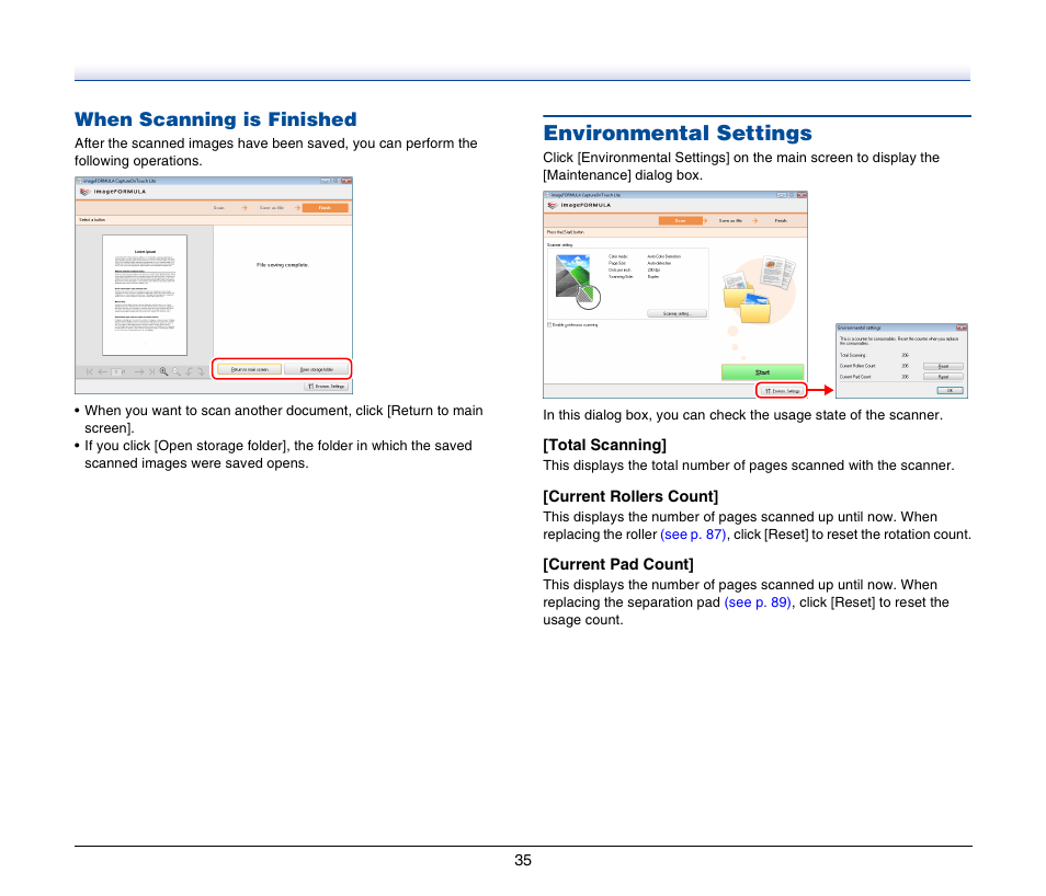 When scanning is finished, Environmental settings | Canon P-150M User Manual | Page 35 / 105