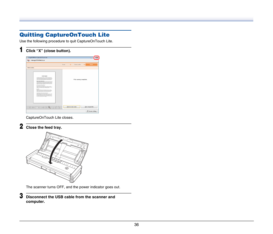 Quitting captureontouch lite | Canon P-150M User Manual | Page 36 / 105