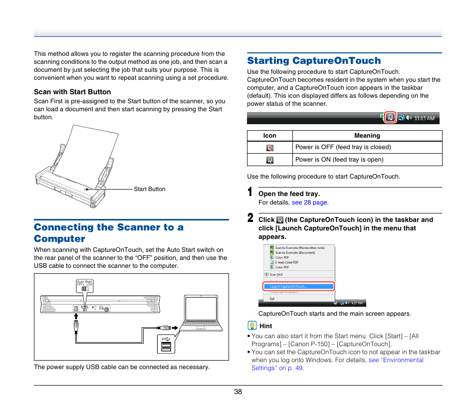 Connecting the scanner to a computer, Starting captureontouch | Canon P-150M User Manual | Page 38 / 105