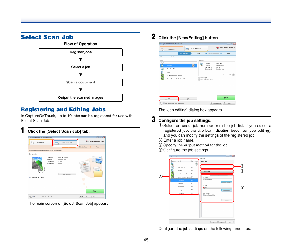 Select scan job, Registering and editing jobs | Canon P-150M User Manual | Page 45 / 105