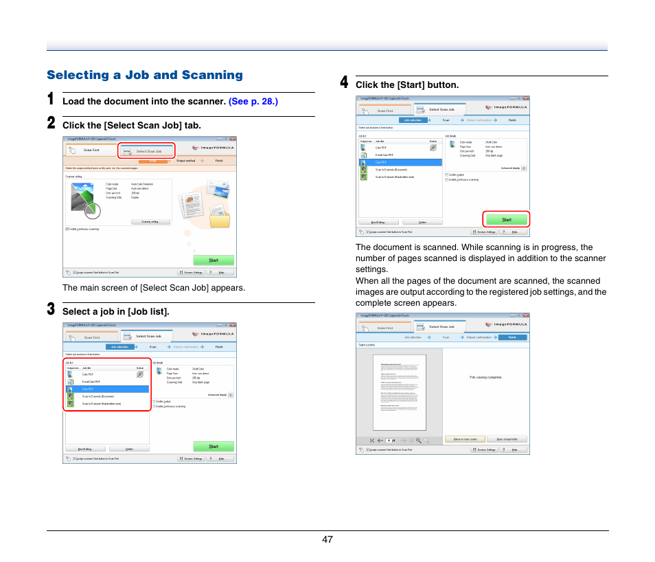 Selecting a job and scanning | Canon P-150M User Manual | Page 47 / 105