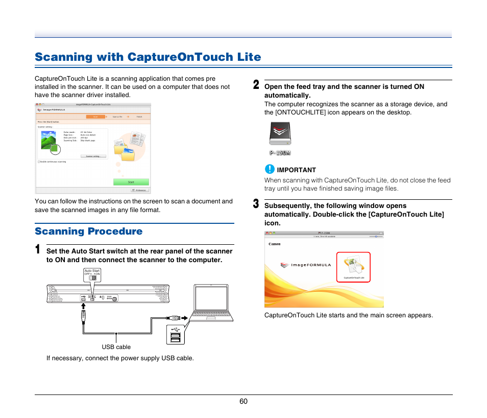 Scanning with captureontouch lite, Scanning procedure | Canon P-150M User Manual | Page 60 / 105