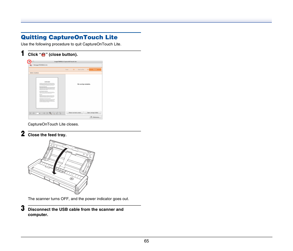 Quitting captureontouch lite | Canon P-150M User Manual | Page 65 / 105