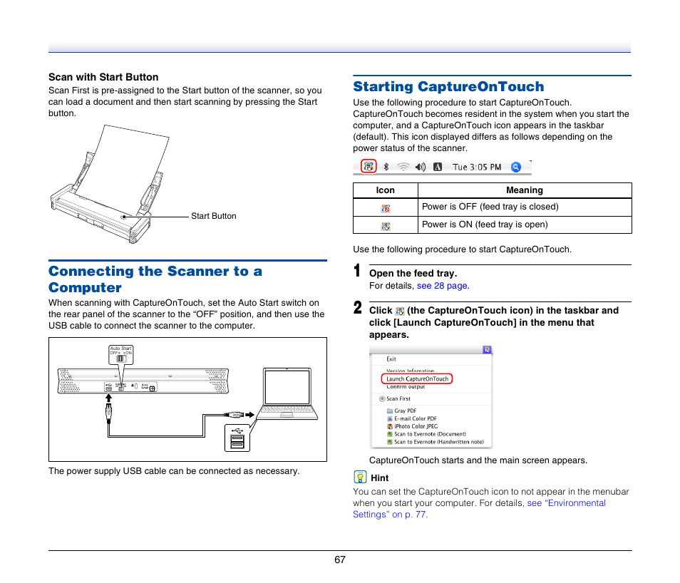 Connecting the scanner to a computer, Starting captureontouch | Canon P-150M User Manual | Page 67 / 105