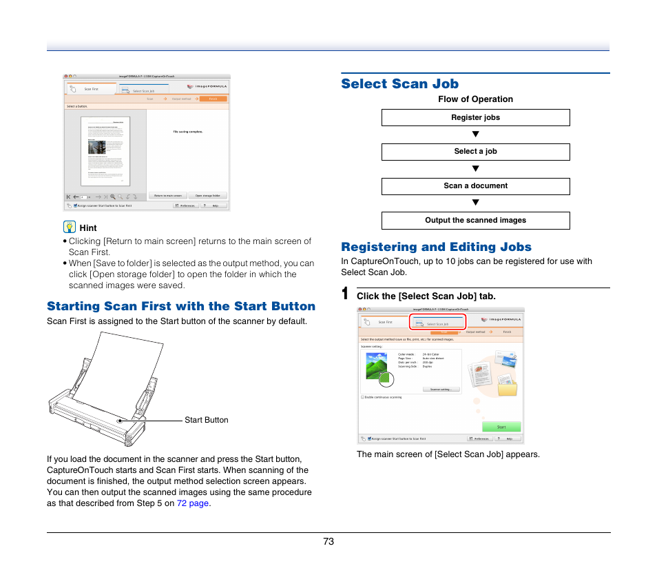 Starting scan first with the start button, Select scan job, Registering and editing jobs | Canon P-150M User Manual | Page 73 / 105