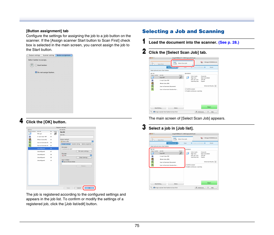 Selecting a job and scanning | Canon P-150M User Manual | Page 75 / 105