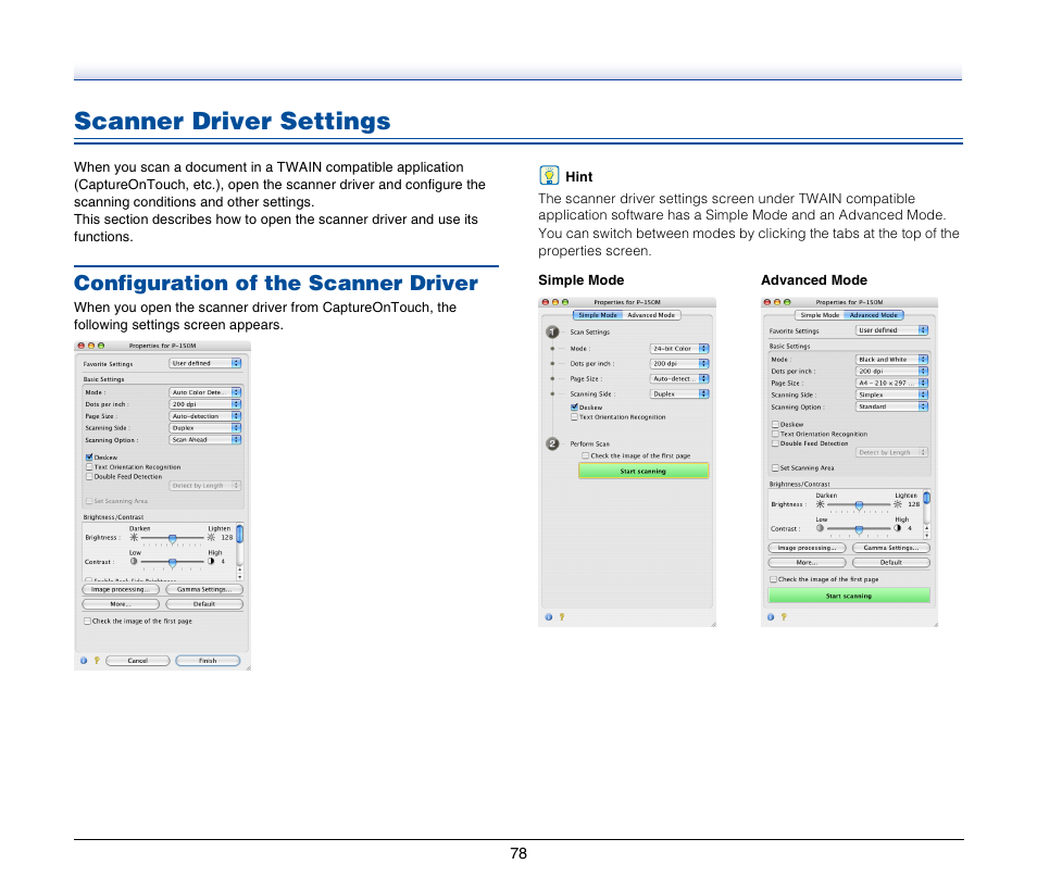 Scanner driver settings, Configuration of the scanner driver, See “scanner driver settings” on p. 78 | Canon P-150M User Manual | Page 78 / 105