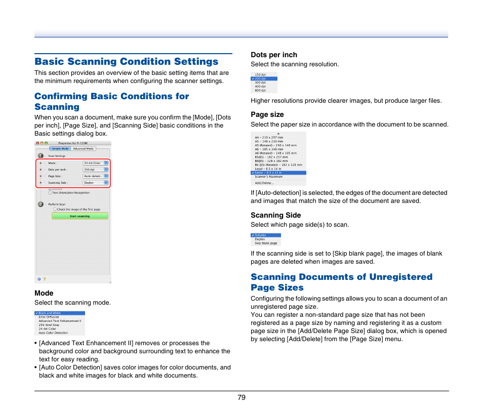 Basic scanning condition settings, Confirming basic conditions for scanning, Scanning documents of unregistered page sizes | Canon P-150M User Manual | Page 79 / 105