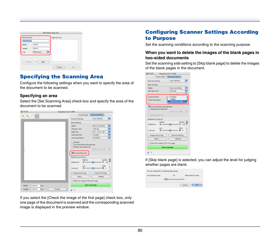 Specifying the scanning area, Configuring scanner settings according to purpose | Canon P-150M User Manual | Page 80 / 105