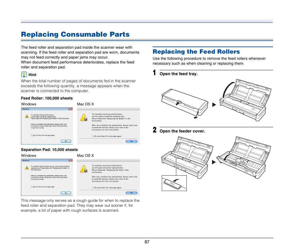 Replacing consumable parts, Replacing the feed rollers, He roller | See p. 87) | Canon P-150M User Manual | Page 87 / 105