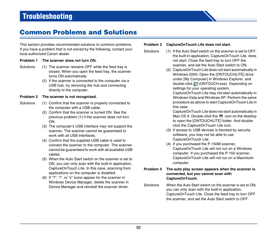 Troubleshooting, Common problems and solutions | Canon P-150M User Manual | Page 92 / 105