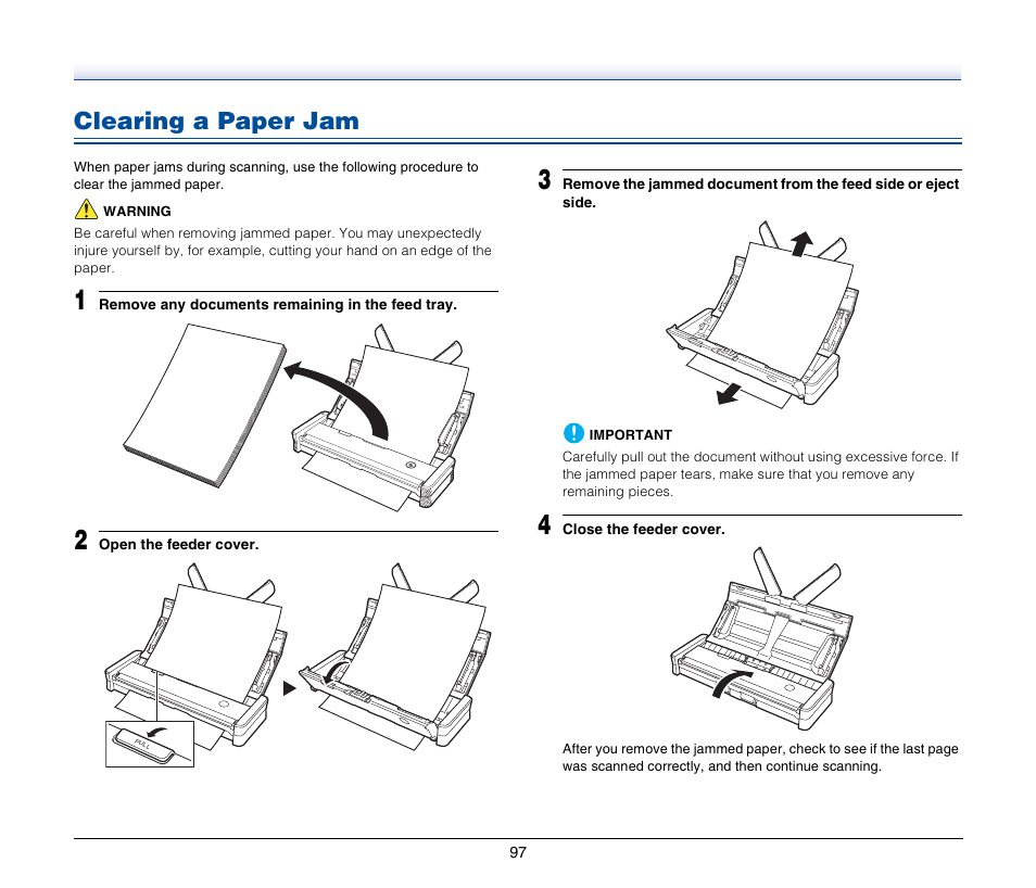 Clearing a paper jam | Canon P-150M User Manual | Page 97 / 105