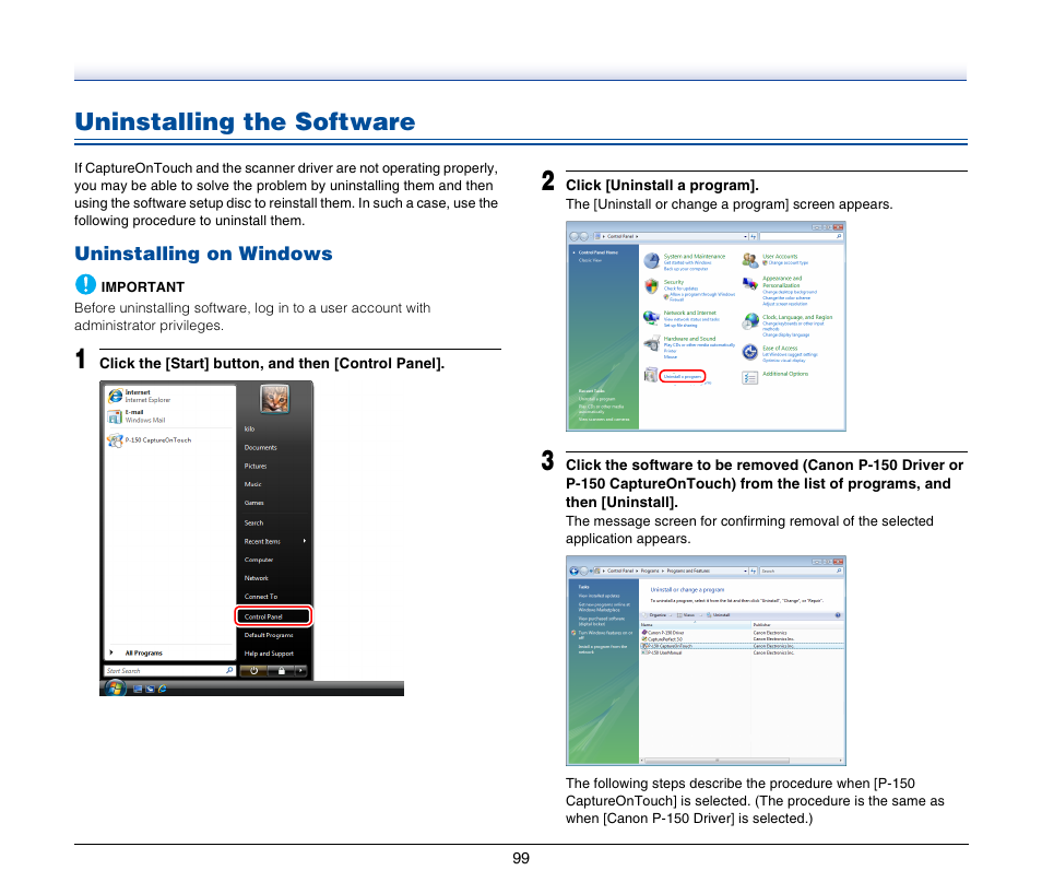 Uninstalling the software, Uninstalling on windows | Canon P-150M User Manual | Page 99 / 105