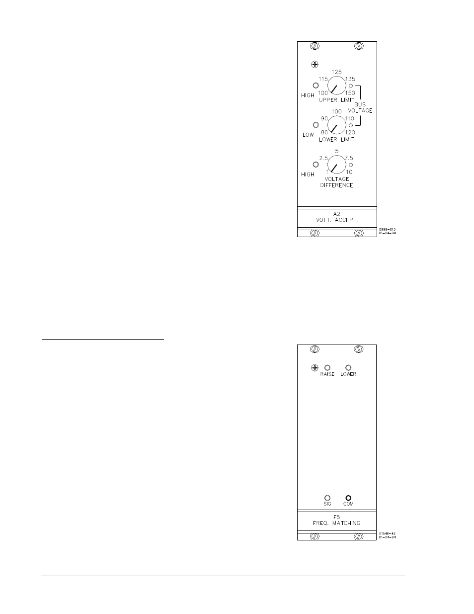 Voltage acceptance module a2, Frequency matching module f5, Voltage acceptance module a2 -6 | Frequency matching module f5 -6, Figure 2-5. module a2 -6 figure 2-6. module f5 -6 | Basler Electric BE1-25A User Manual | Page 26 / 90