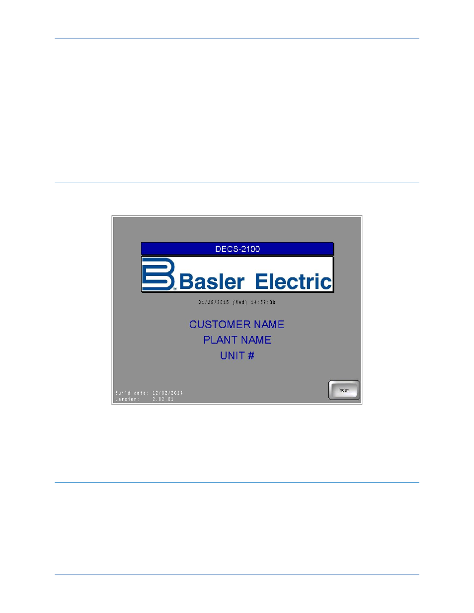 Idp-1200 operation with decs-2100 and decs/rw, Initial screen, Index button | Get page button and screen | Basler Electric IDP-1200 User Manual | Page 41 / 90