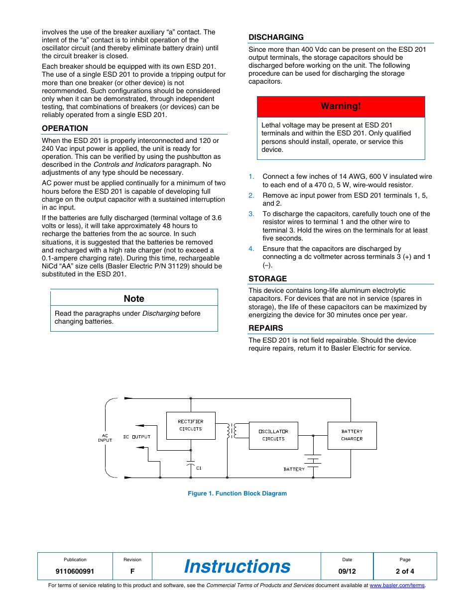 Instructions, Warning | Basler Electric ESD201 User Manual | Page 2 / 4