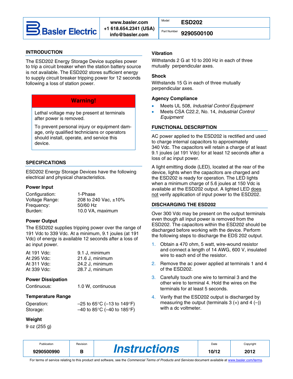 Basler Electric ESD202 User Manual | 2 pages