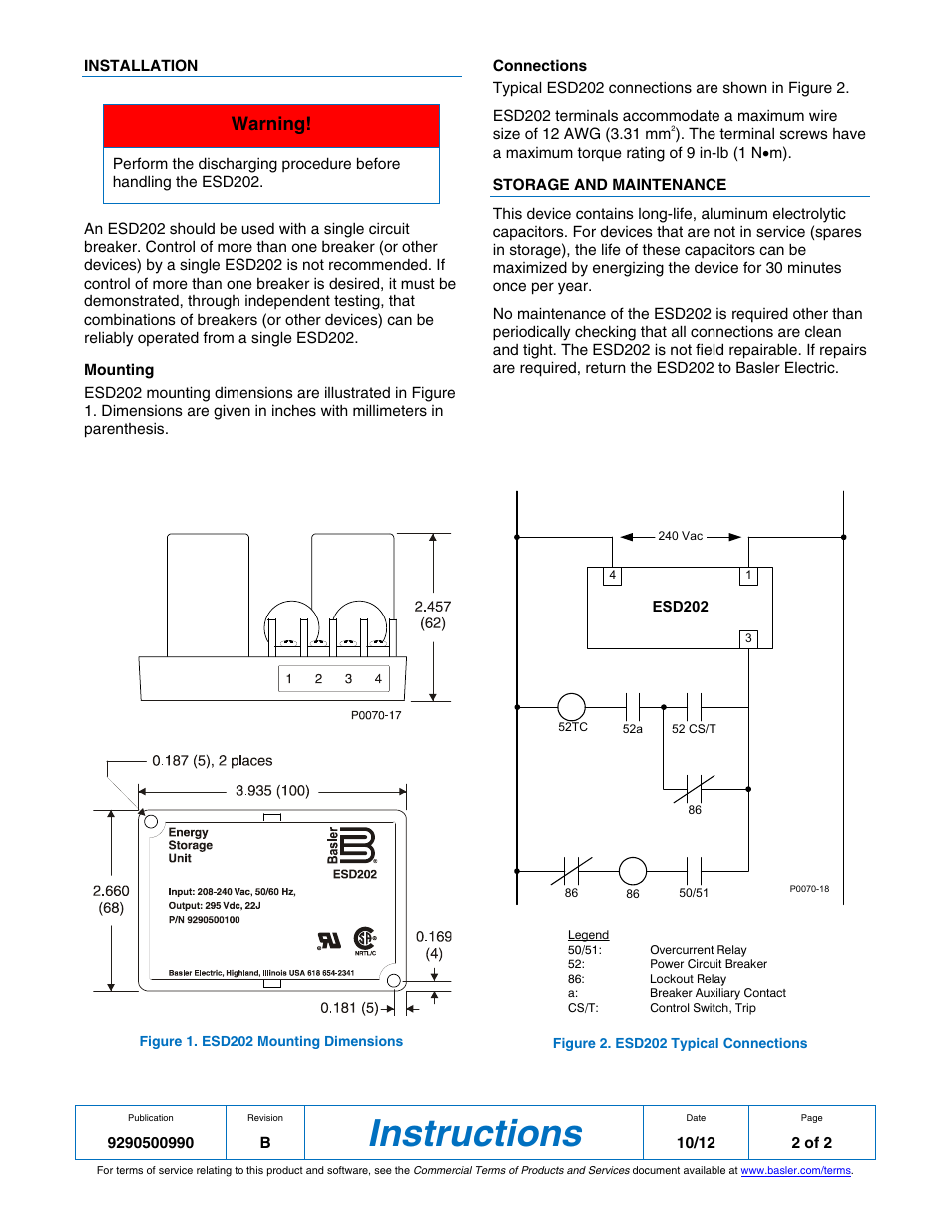 Instructions, Warning | Basler Electric ESD202 User Manual | Page 2 / 2