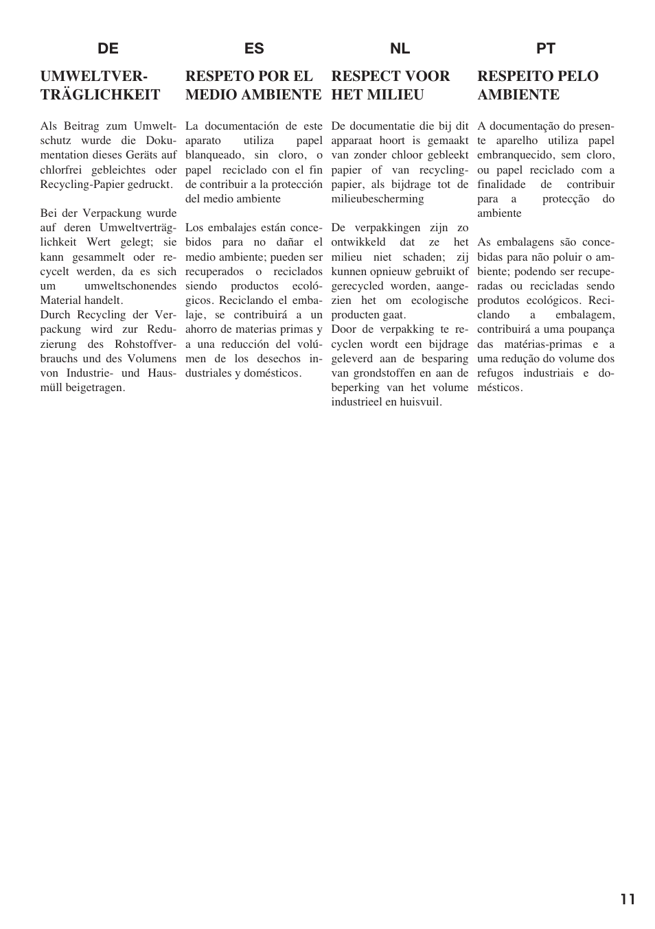 Es nl pt de respeito pelo ambiente, Respect voor het milieu, Respeto por el medio ambiente | Umweltver- träglichkeit | Baumatic BO667TS.SO User Manual | Page 12 / 44