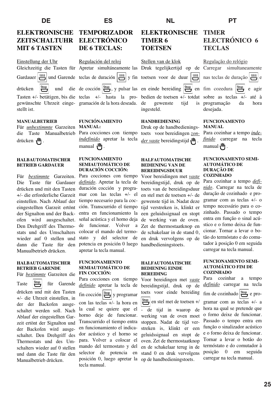 Es nl pt de timer electrónico 6 teclas, Elektronische timer 6 toetsen, Temporizador electrónico de 6 teclas | Elektronische zeitschaltuhr mit 6 tasten | Baumatic BO667TS.SO User Manual | Page 26 / 44