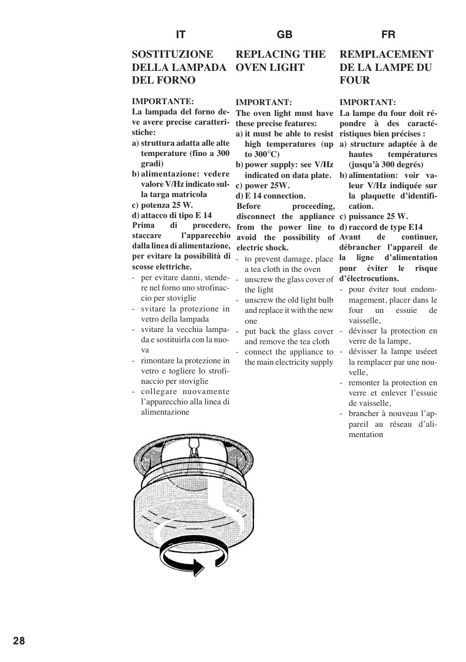 Es nl pt de auswechslung der ofen- beleuchtung, Cambio de la bombilla del horno, Het vervangen van het lampje van de oven | Substituição da lâmpada do forno, It gb fr sostituzione della lampada del forno, Replacing the oven light, Remplacement de la lampe du four | Baumatic BO667TS.SO User Manual | Page 29 / 44