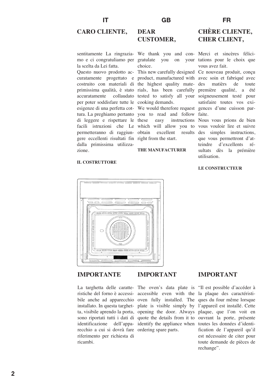 Es nl pt de sehr geehrter kunde, Estimado cliente, Geachte klant | Importante, Wichtig, Belangrijk, It gb fr caro cliente, Dear customer, Chère cliente, cher client, Important | Baumatic BO667TS.SO User Manual | Page 3 / 44