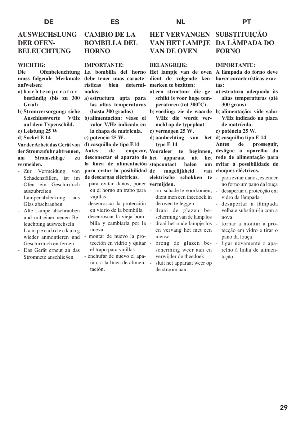 Es nl pt de auswechslung der ofen- beleuchtung, Cambio de la bombilla del horno, Het vervangen van het lampje van de oven | Substituição da lâmpada do forno | Baumatic BO667TS.SO User Manual | Page 30 / 44