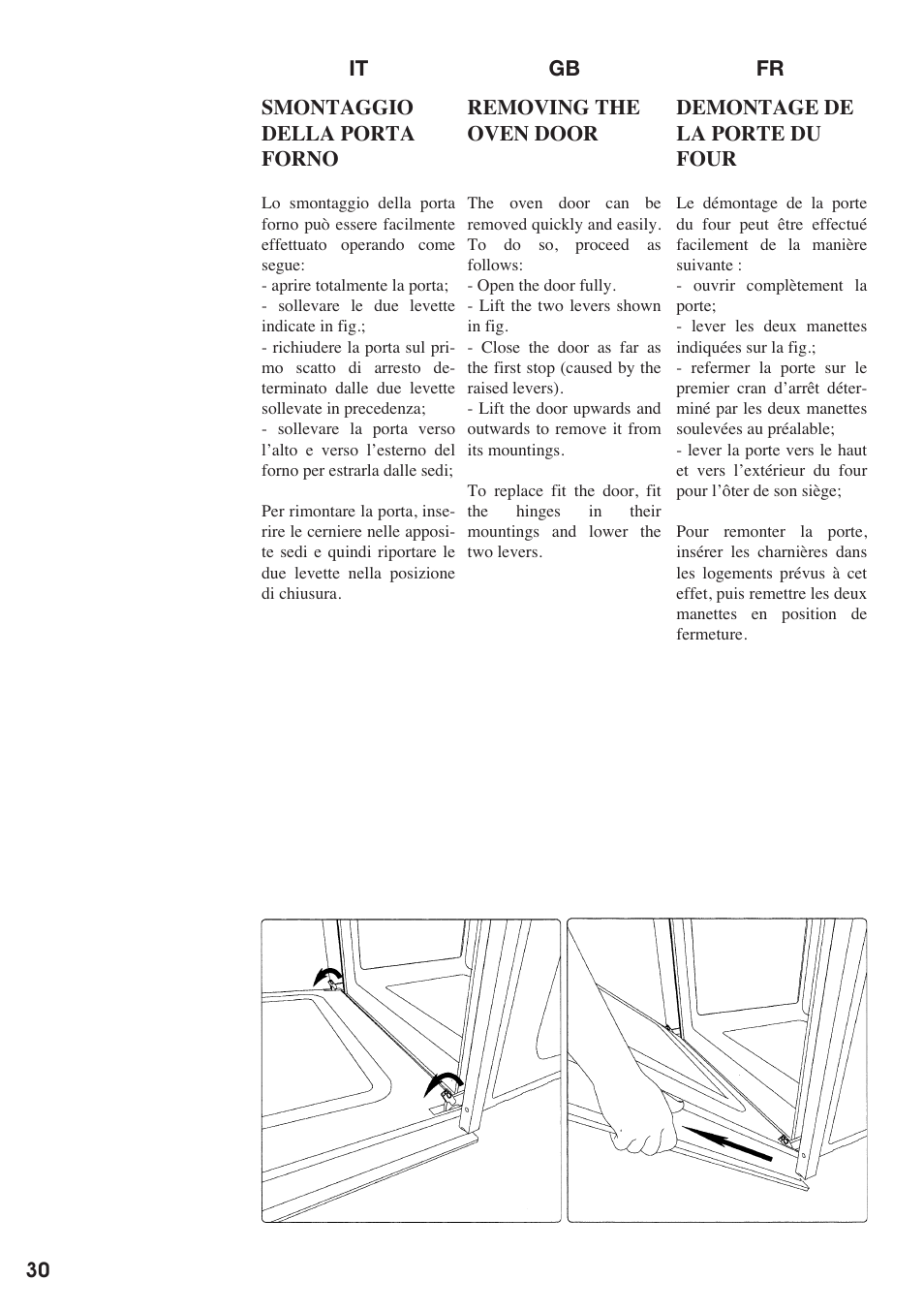 Es nl pt de desmontagem da porta forno, Demontage van de ovendeur, Desmontaje de la puerta del horno | Ausbauen der ofentür, It gb fr demontage de la porte du four, Removing the oven door, Smontaggio della porta forno | Baumatic BO667TS.SO User Manual | Page 31 / 44