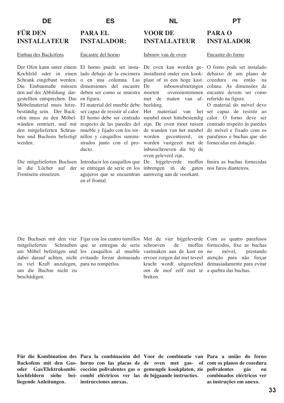 Es nl pt de para o instalador, Voor de installateur, Para el instalador | Für den installateur | Baumatic BO667TS.SO User Manual | Page 34 / 44