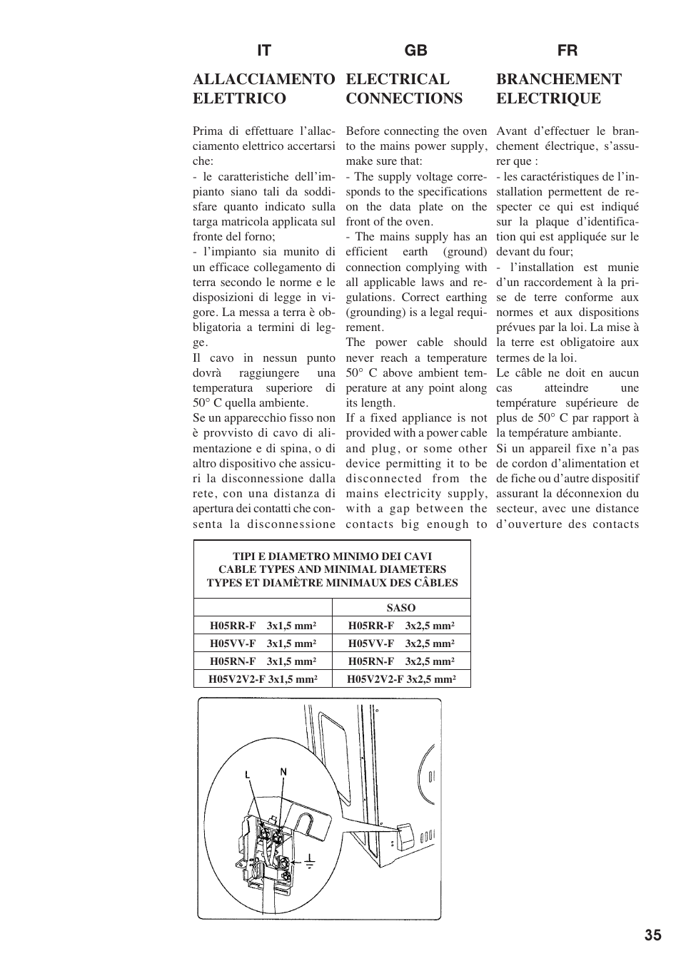 It gb fr branchement electrique, Electrical connections, Allacciamento elettrico | Es nl pt de para o instalador, Voor de installateur, Para el instalador, Für den installateur | Baumatic BO667TS.SO User Manual | Page 36 / 44