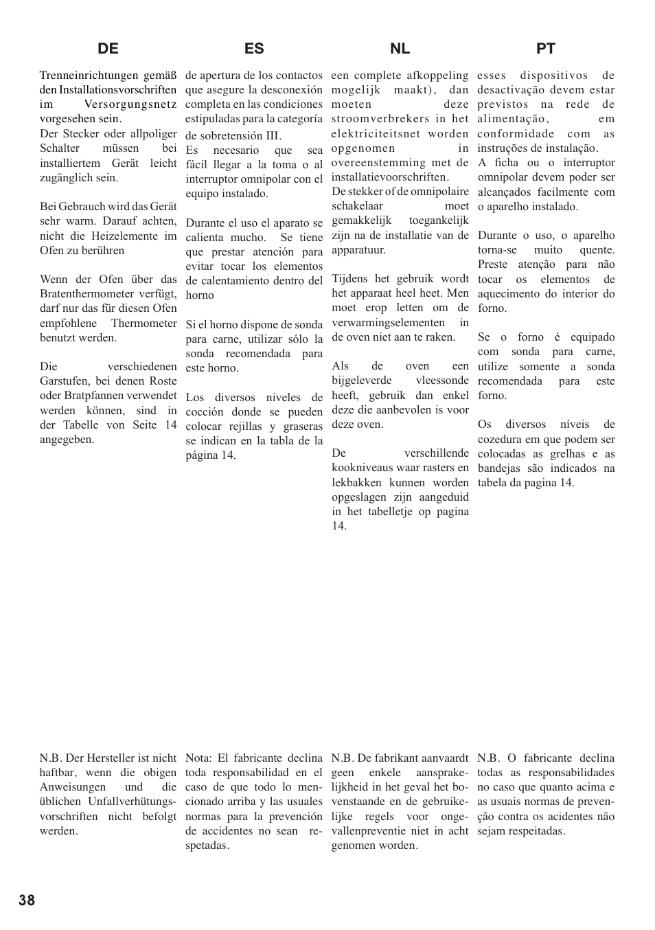 Es nl pt de | Baumatic BO667TS.SO User Manual | Page 39 / 44
