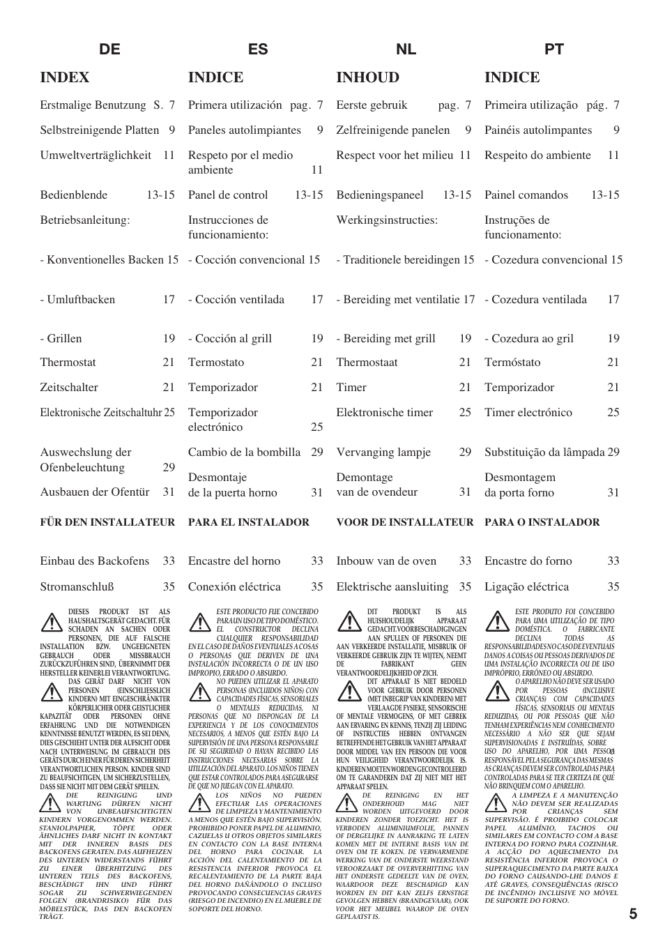 Es nl pt de indice, Inhoud, Indice | Index | Baumatic BO667TS.SO User Manual | Page 6 / 44