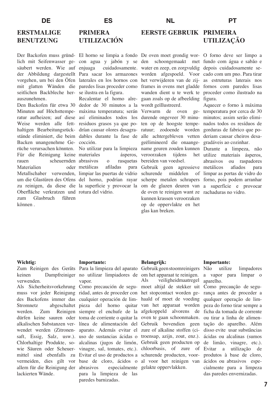 Es nl pt de primera utilización, Erstmalige benutzung, Eerste gebruik | Primeira utilização | Baumatic BO667TS.SO User Manual | Page 8 / 44